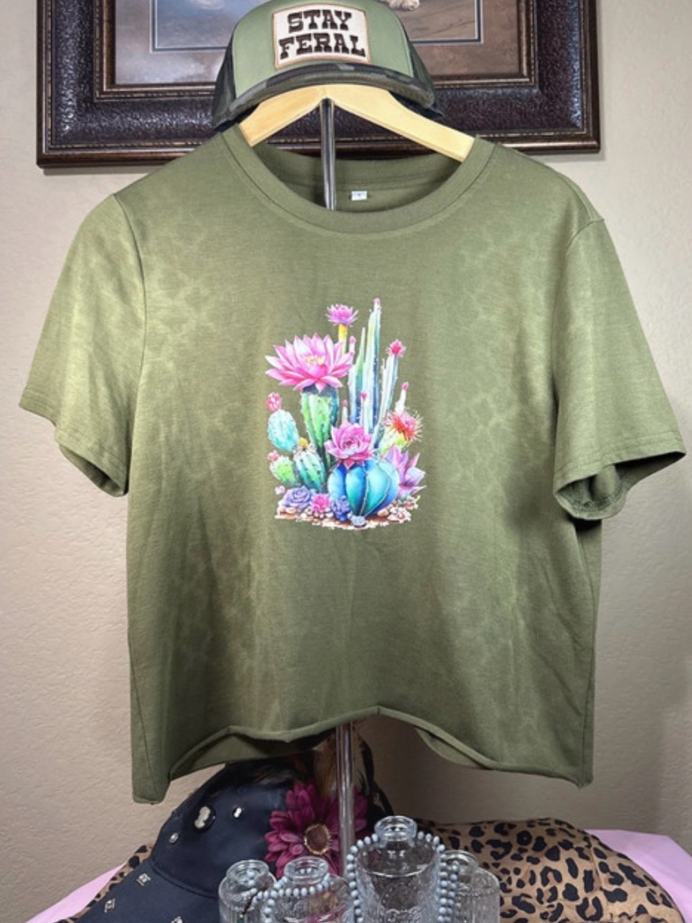 Olive Green Cropped Tee with Colorful Cactus Graphic & subtle bleached designs